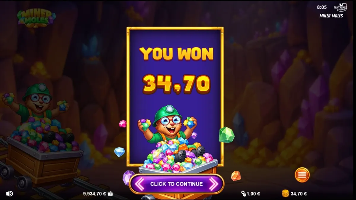 Karakter mole penambang dalam slot Miner Moles dengan latar belakang gua kristal
