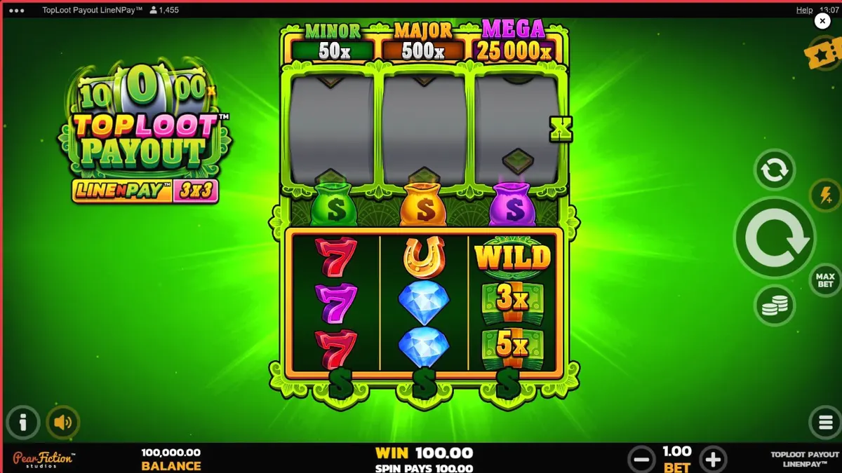 Tampilan visual slot TopLoot Payout LineNPay dengan tema harta karun dan emas.